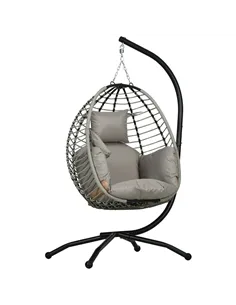 Outsunny Single Rattan Hanging Egg Chair, with Seat Cushion - Grey