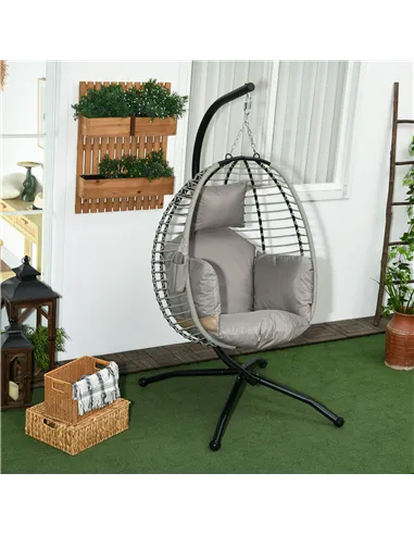 Outsunny Single Rattan Hanging Egg Chair, with Seat Cushion - Grey