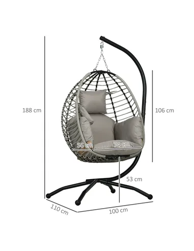 Outsunny Single Rattan Hanging Egg Chair, with Seat Cushion - Grey