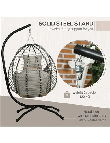 Outsunny Single Rattan Hanging Egg Chair, with Seat Cushion - Grey