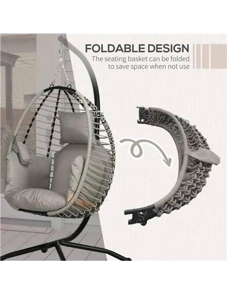 Outsunny Single Rattan Hanging Egg Chair, with Seat Cushion - Grey