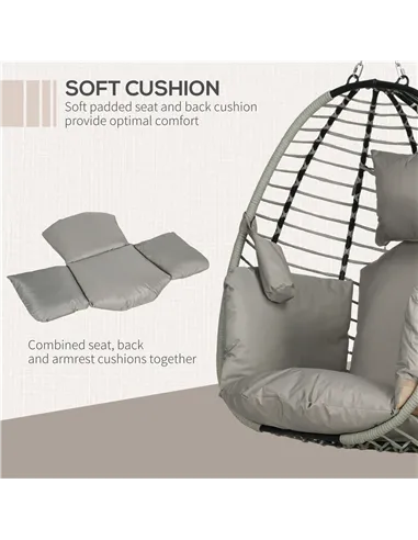 Outsunny Single Rattan Hanging Egg Chair, with Seat Cushion - Grey