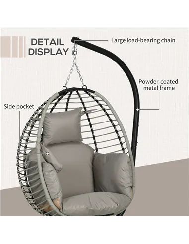Outsunny Single Rattan Hanging Egg Chair, with Seat Cushion - Grey