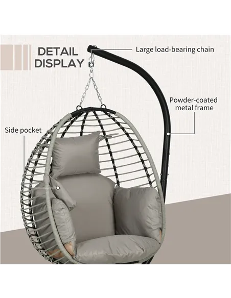 Outsunny Single Rattan Hanging Egg Chair, with Seat Cushion - Grey