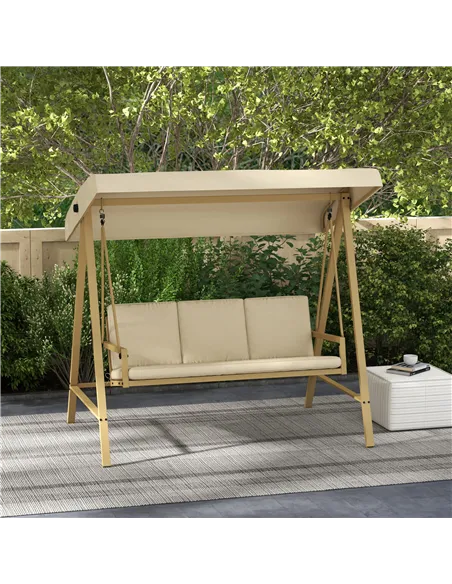 Outsunny Three-Seat Garden Swing Chair, with Adjustable Canopy - Beige