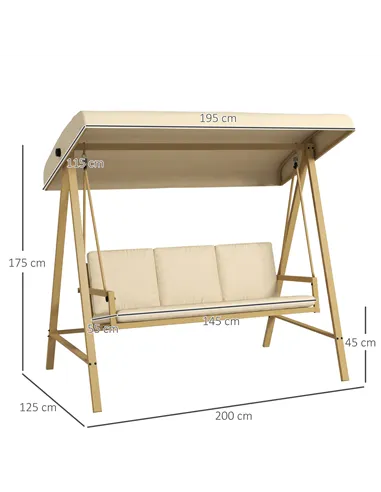 Outsunny Three-Seat Garden Swing Chair, with Adjustable Canopy - Beige