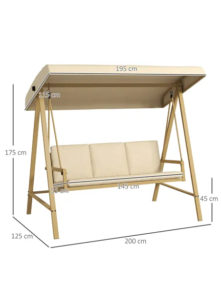 Outsunny Three-Seat Garden Swing Chair, with Adjustable Canopy - Beige