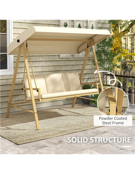 Outsunny Three-Seat Garden Swing Chair, with Adjustable Canopy - Beige