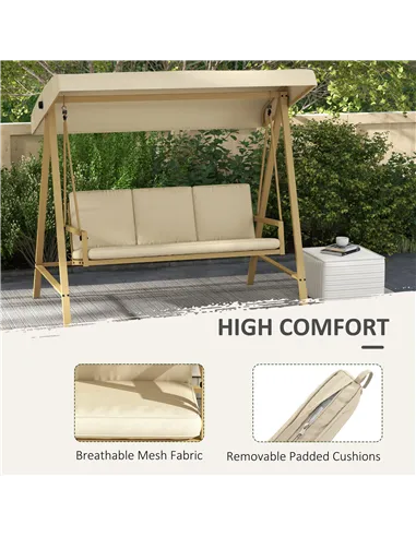 Outsunny Three-Seat Garden Swing Chair, with Adjustable Canopy - Beige
