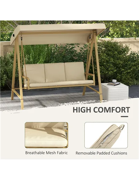 Outsunny Three-Seat Garden Swing Chair, with Adjustable Canopy - Beige