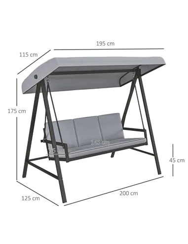 Outsunny Three-Seat Garden Swing Chair, with Adjustable Canopy - Grey