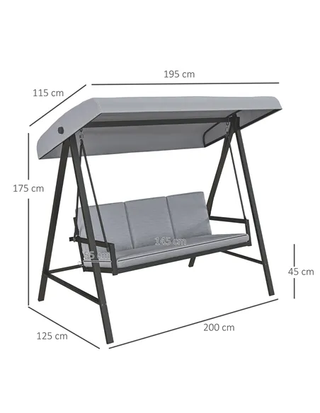 Outsunny Three-Seat Garden Swing Chair, with Adjustable Canopy - Grey