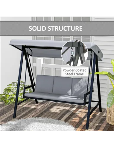 Outsunny Three-Seat Garden Swing Chair, with Adjustable Canopy - Grey