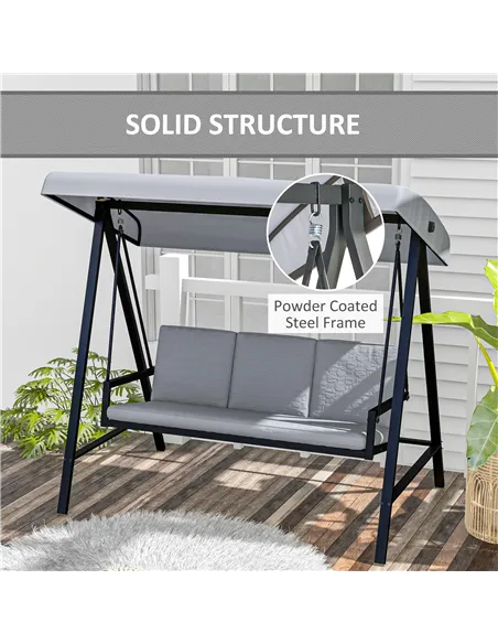 Outsunny Three-Seat Garden Swing Chair, with Adjustable Canopy - Grey