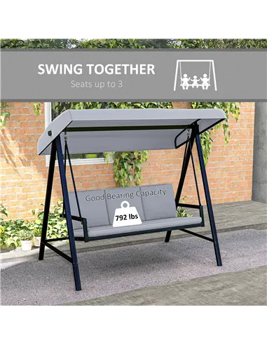 Outsunny Three-Seat Garden Swing Chair, with Adjustable Canopy - Grey