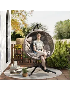 Outsunny Round Egg Basket Chair, with Steel Stand, Sand 2