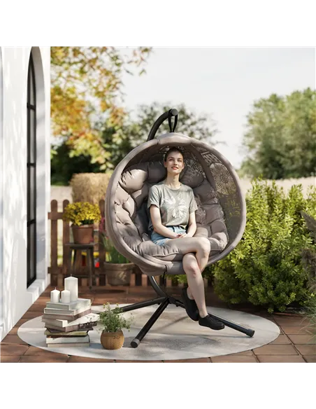 Outsunny Round Egg Basket Chair, with Steel Stand, Sand