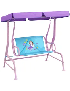 Outsunny Two Seater Kids Garden Swing, Fairy Themed kids Swing Chair with Adjustable Canopy, Safety Belts for Outdoor Use