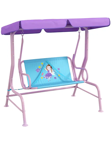 Outsunny Two Seater Kids Garden Swing, Fairy Themed kids Swing Chair with Adjustable Canopy, Safety Belts for Outdoor Use