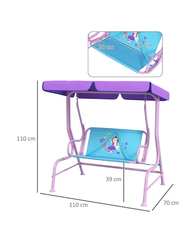 Outsunny Two Seater Kids Garden Swing, Fairy Themed kids Swing Chair with Adjustable Canopy, Safety Belts for Outdoor Use