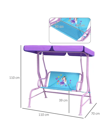 Outsunny Two Seater Kids Garden Swing, Fairy Themed kids Swing Chair with Adjustable Canopy, Safety Belts for Outdoor Use