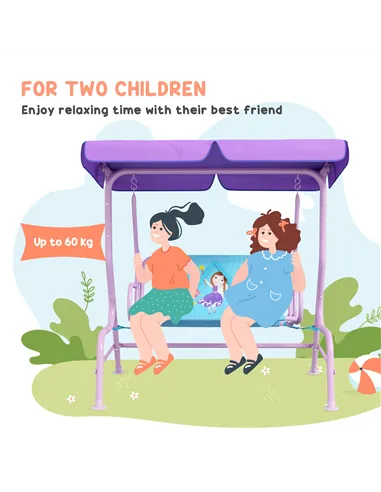 Outsunny Two Seater Kids Garden Swing, Fairy Themed kids Swing Chair with Adjustable Canopy, Safety Belts for Outdoor Use