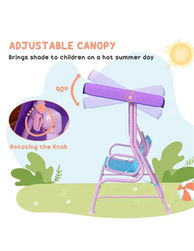 Outsunny Two Seater Kids Garden Swing, Fairy Themed kids Swing Chair with Adjustable Canopy, Safety Belts for Outdoor Use