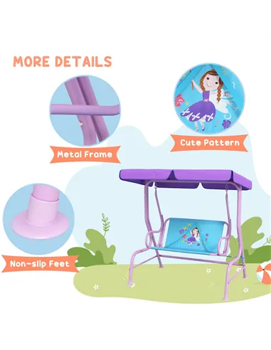Outsunny Two Seater Kids Garden Swing, Fairy Themed kids Swing Chair with Adjustable Canopy, Safety Belts for Outdoor Use