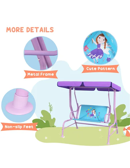 Outsunny Two Seater Kids Garden Swing, Fairy Themed kids Swing Chair with Adjustable Canopy, Safety Belts for Outdoor Use