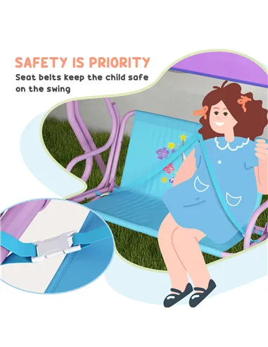 Outsunny Two Seater Kids Garden Swing, Fairy Themed kids Swing Chair with Adjustable Canopy, Safety Belts for Outdoor Use