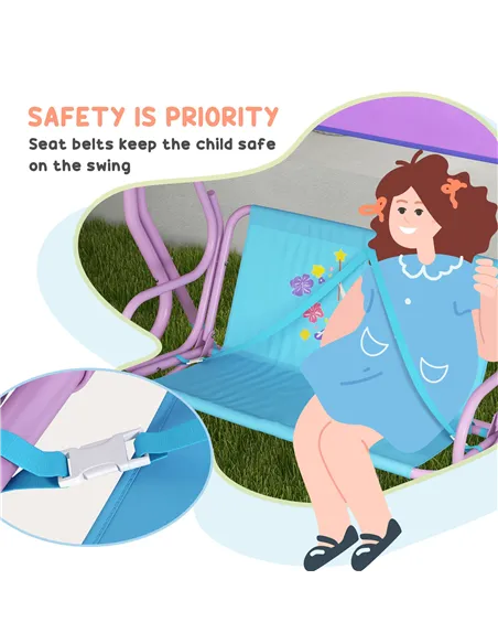 Outsunny Two Seater Kids Garden Swing, Fairy Themed kids Swing Chair with Adjustable Canopy, Safety Belts for Outdoor Use