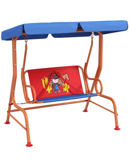 Outsunny Two Seater Kids Garden Swing, Cowboy Themed kids Swing Chair with Adjustable Canopy, Safety Belts for Outdoor Use