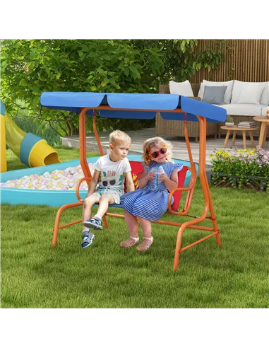 Outsunny Two Seater Kids Garden Swing, Cowboy Themed kids Swing Chair with Adjustable Canopy, Safety Belts for Outdoor Use