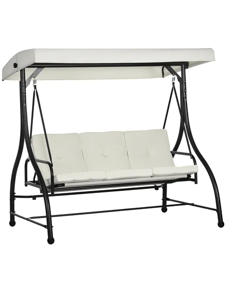 Outsunny 3 Seater Canopy Swing Chair, 2 in 1 Garden Swing Seat Bed, with Adjustable Canopy and Metal Frame, Cream White