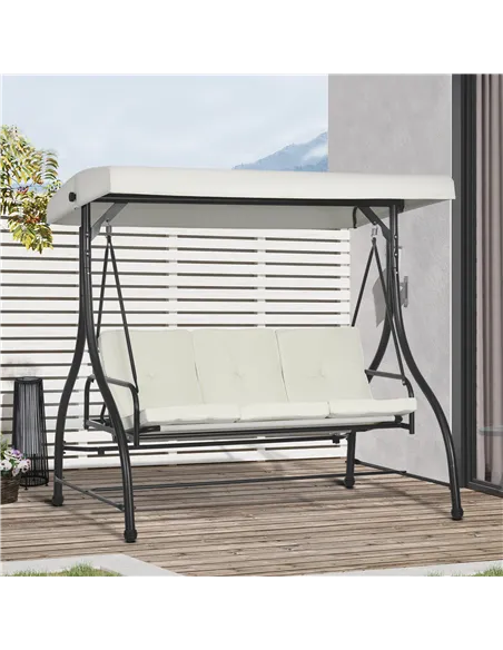 Outsunny 3 Seater Canopy Swing Chair, 2 in 1 Garden Swing Seat Bed, with Adjustable Canopy and Metal Frame, Cream White