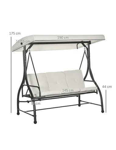 Outsunny 3 Seater Canopy Swing Chair, 2 in 1 Garden Swing Seat Bed, with Adjustable Canopy and Metal Frame, Cream White