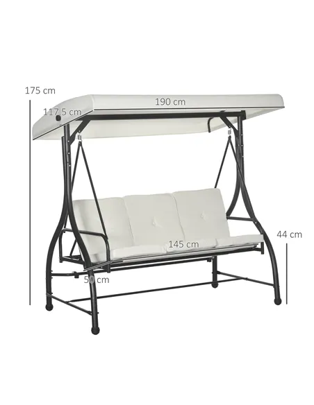Outsunny 3 Seater Canopy Swing Chair, 2 in 1 Garden Swing Seat Bed, with Adjustable Canopy and Metal Frame, Cream White