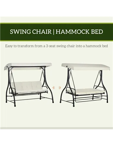 Outsunny 3 Seater Canopy Swing Chair, 2 in 1 Garden Swing Seat Bed, with Adjustable Canopy and Metal Frame, Cream White