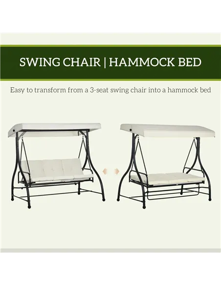 Outsunny 3 Seater Canopy Swing Chair, 2 in 1 Garden Swing Seat Bed, with Adjustable Canopy and Metal Frame, Cream White