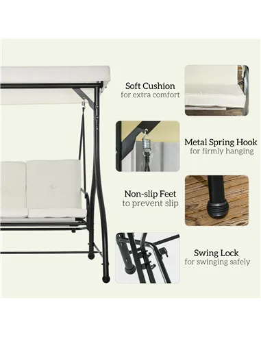 Outsunny 3 Seater Canopy Swing Chair, 2 in 1 Garden Swing Seat Bed, with Adjustable Canopy and Metal Frame, Cream White