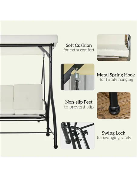 Outsunny 3 Seater Canopy Swing Chair, 2 in 1 Garden Swing Seat Bed, with Adjustable Canopy and Metal Frame, Cream White