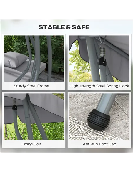 Outsunny Three-Person garden Swing Chair, with Adjustable Canopy - Light Grey