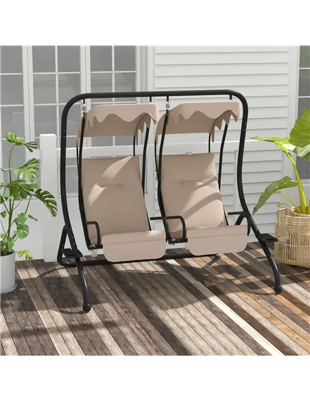 Outsunny Two-Seat Garden Swing Chair, with Protective Canopy - Beige