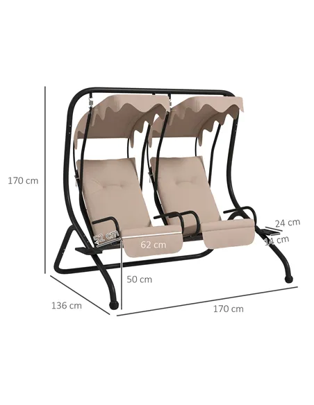 Outsunny Two-Seat Garden Swing Chair, with Protective Canopy - Beige