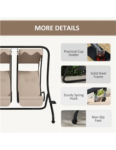 Outsunny Two-Seat Garden Swing Chair, with Protective Canopy - Beige