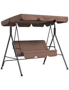 Outsunny 3 Seater Garden Swing Chair, Outdoor Swing Chair with Adjustable Canopy, Mental Frame & Cushions, Brown