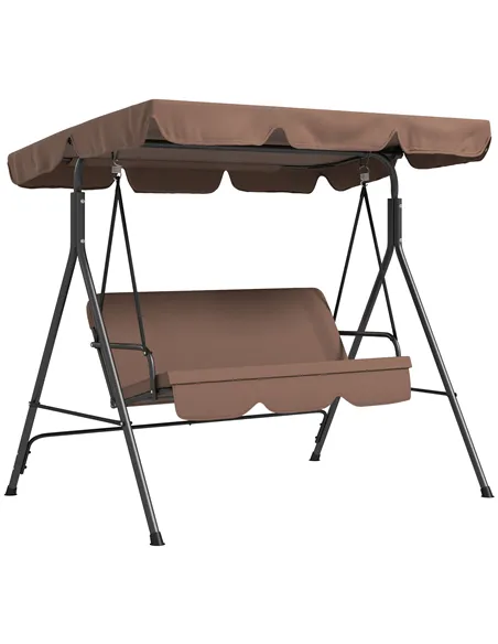 Outsunny 3 Seater Garden Swing Chair, Outdoor Swing Chair with Adjustable Canopy, Mental Frame & Cushions, Brown