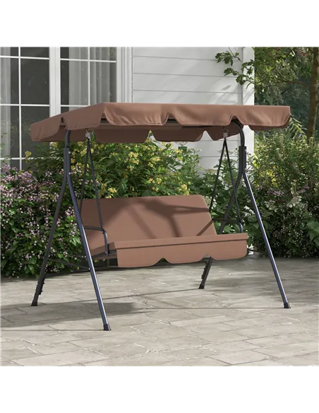 Outsunny 3 Seater Garden Swing Chair, Outdoor Swing Chair with Adjustable Canopy, Mental Frame & Cushions, Brown