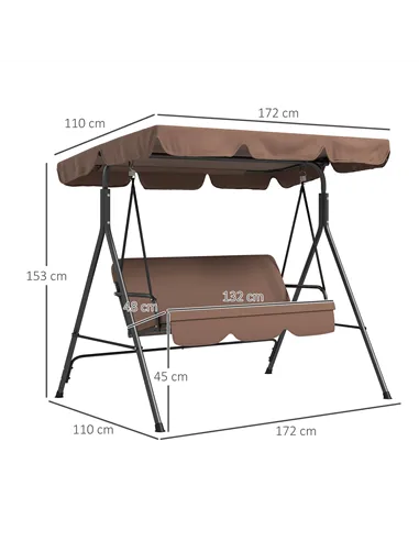 Outsunny 3 Seater Garden Swing Chair, Outdoor Swing Chair with Adjustable Canopy, Mental Frame & Cushions, Brown