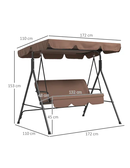 Outsunny 3 Seater Garden Swing Chair, Outdoor Swing Chair with Adjustable Canopy, Mental Frame & Cushions, Brown